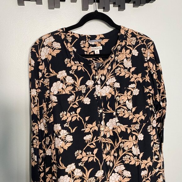 Merona Womens XL Floral Print Long Sleeve Tunic Top Black & Beige - Picture 2 of 7